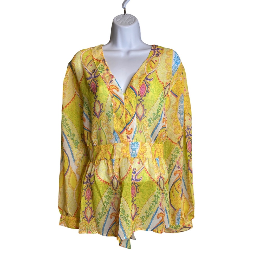 Vintage JG Hook Womens Yellow Paisley Print Blouse Sz 20W Mod Flowy‎ Peplum
